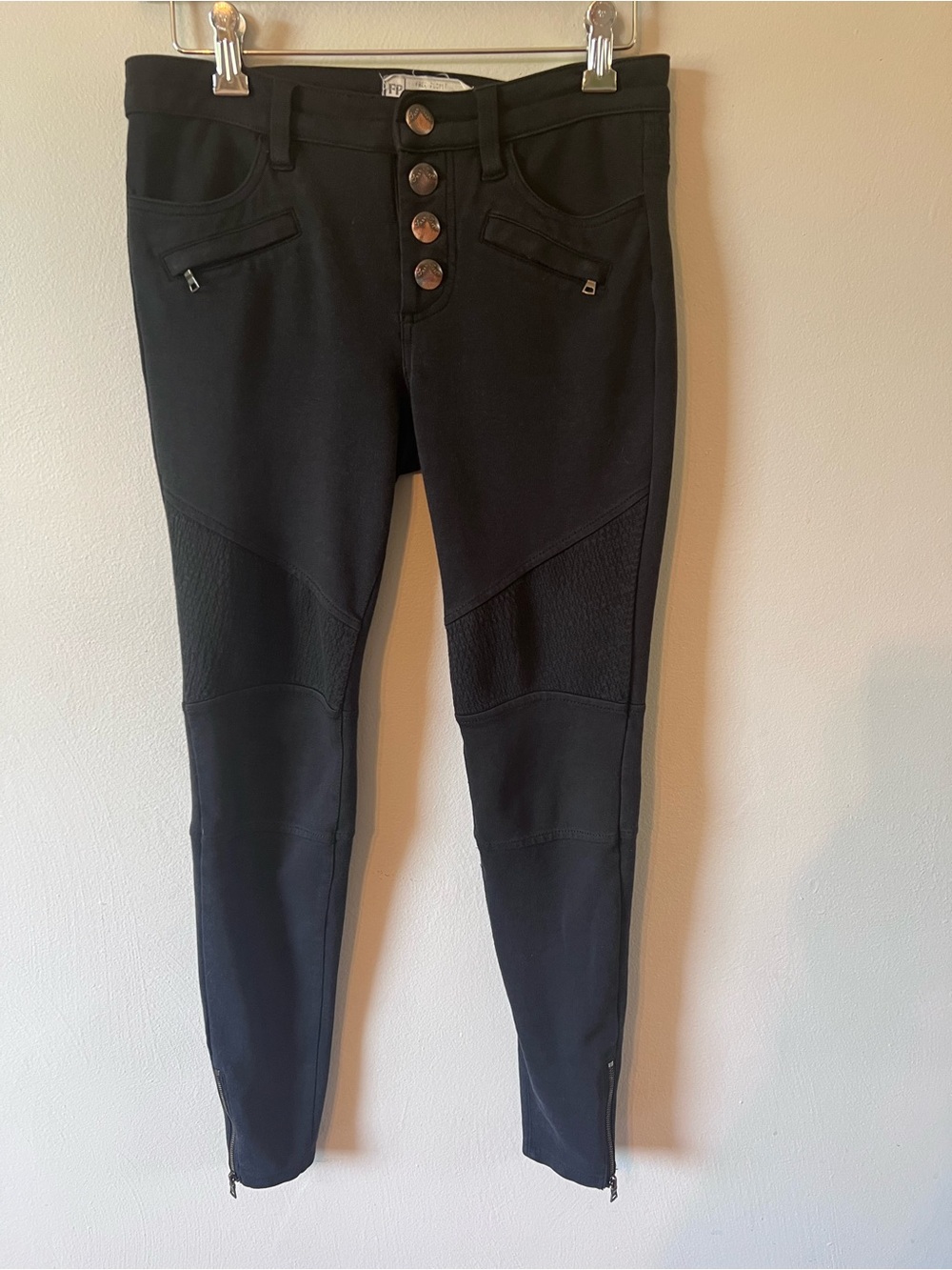 Free People Black Skinny Moto Jeans with Button Front
